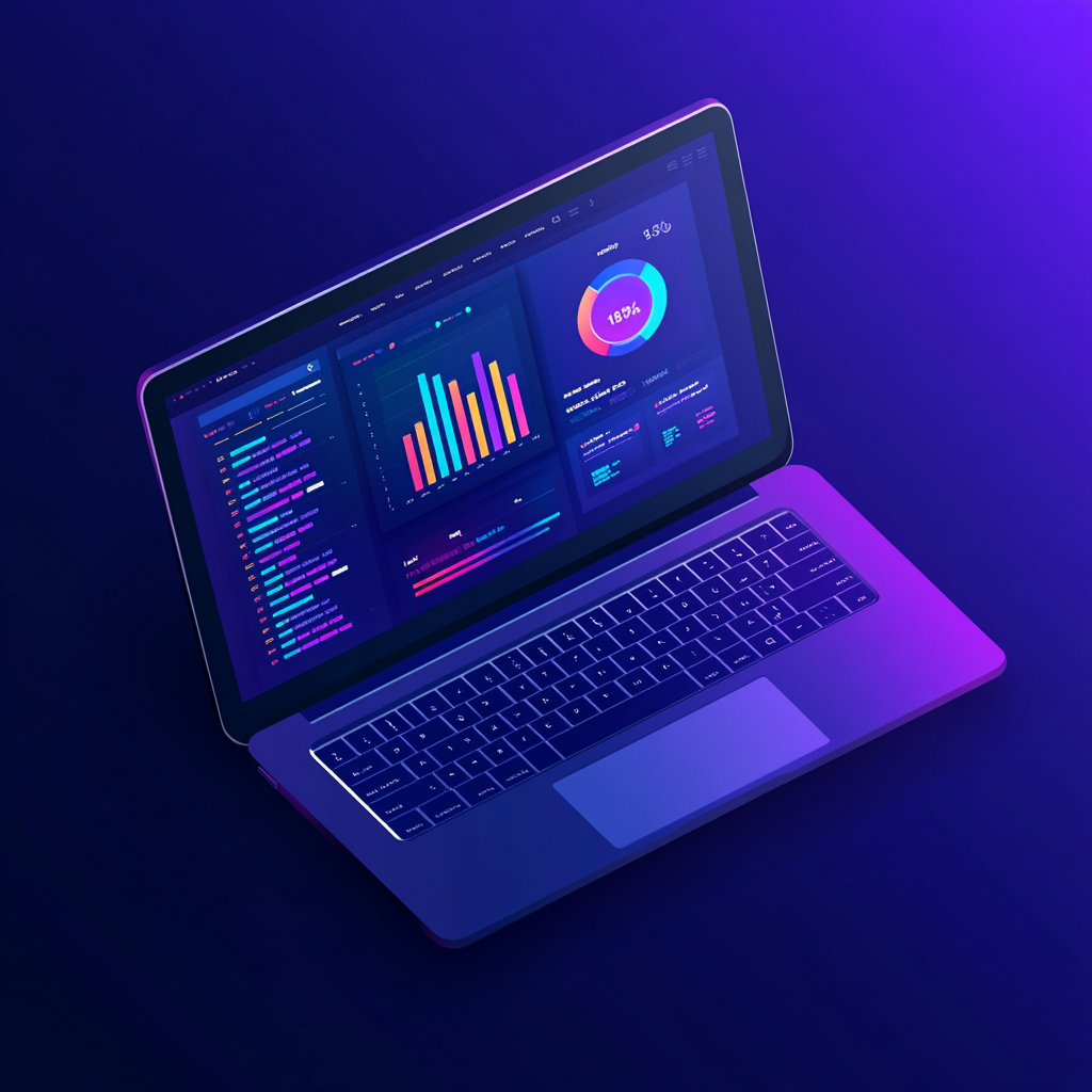 Modern laptop displaying advanced analytics dashboard with colorful data visualizations and performance metrics