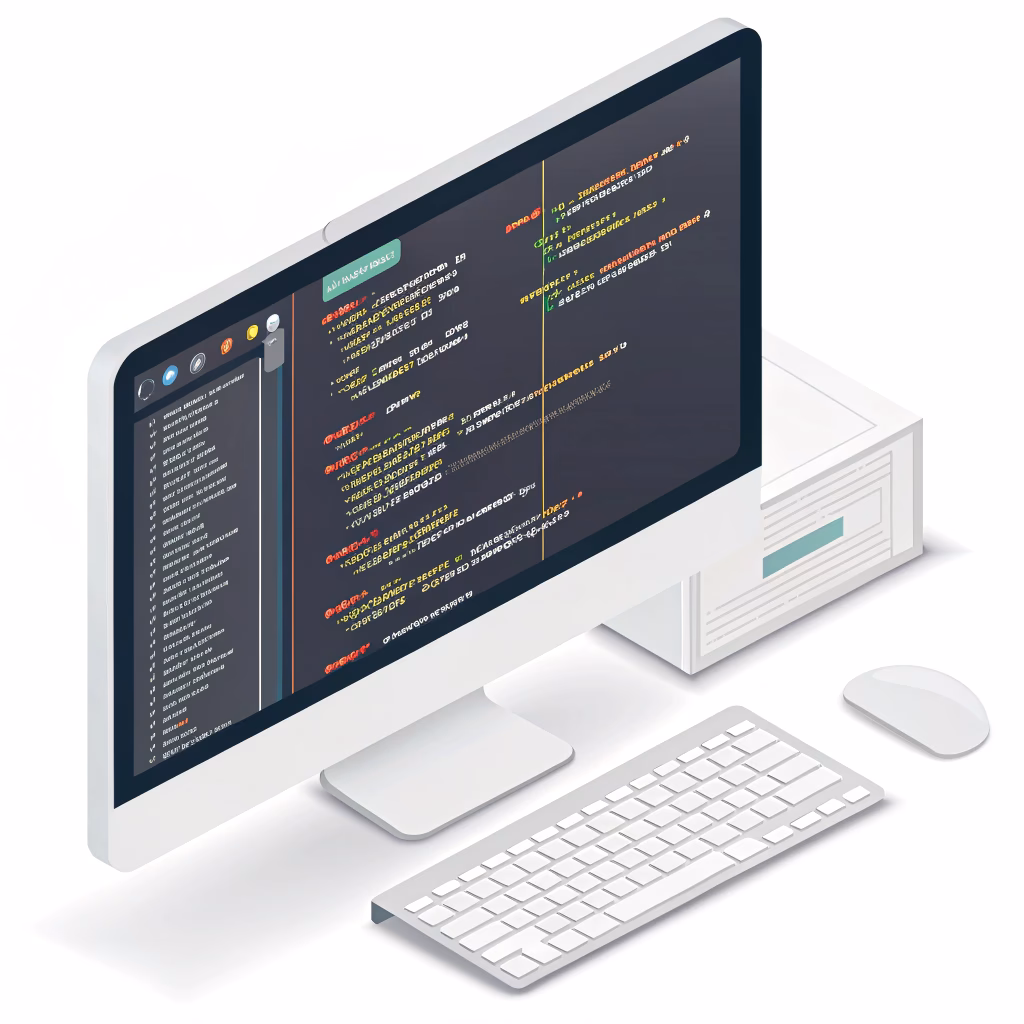 Isometric computer displaying code representing web design and development integration with SEO